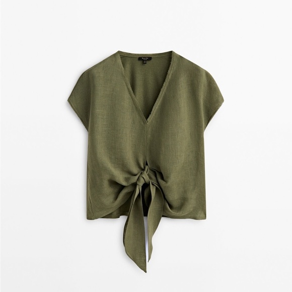 Massimo Dutti Tops - Massimo Dutti green khaki Tie Front Blouse